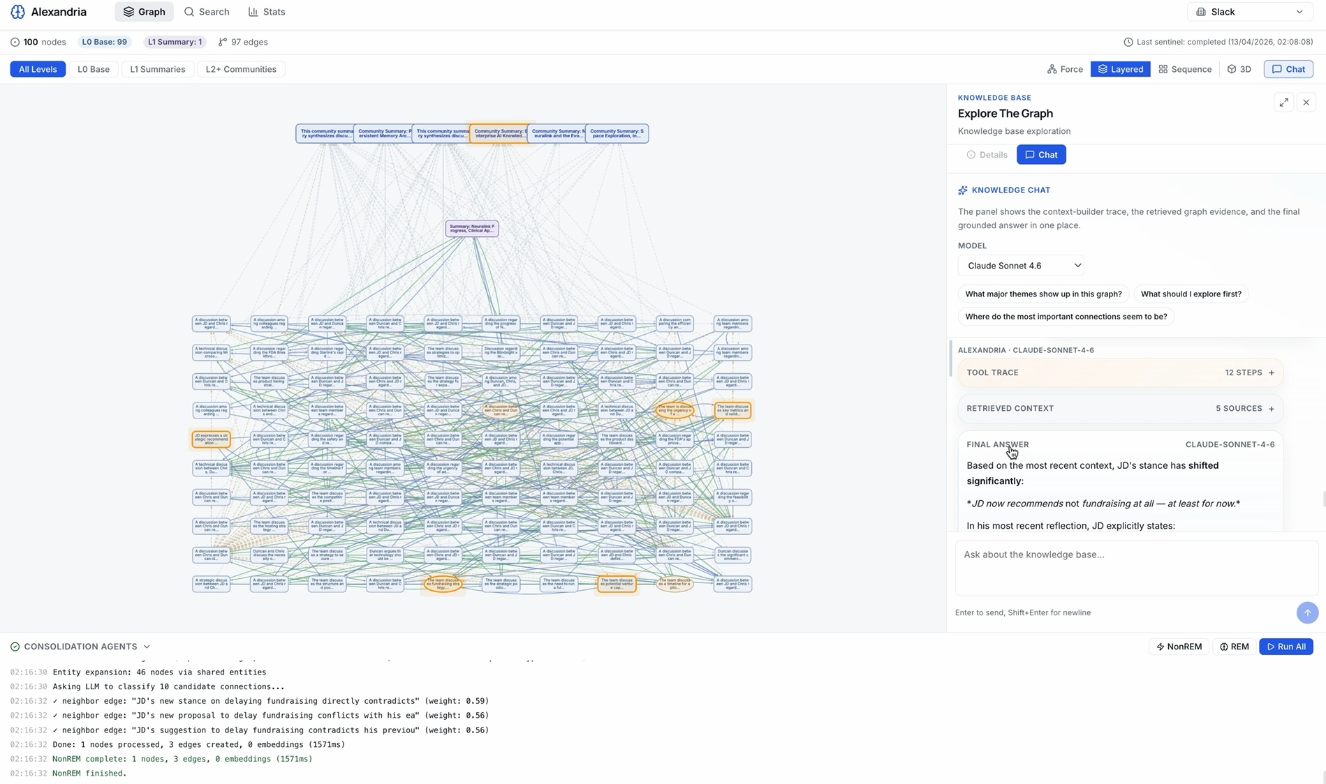Alexandria knowledge graph — showing interconnected nodes, consolidation agents, and the query interface