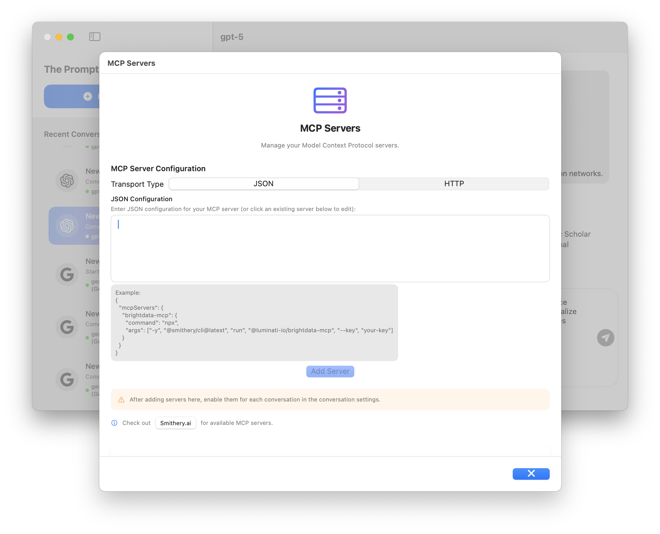 MCP Servers configuration interface showing JSON setup for external integrations