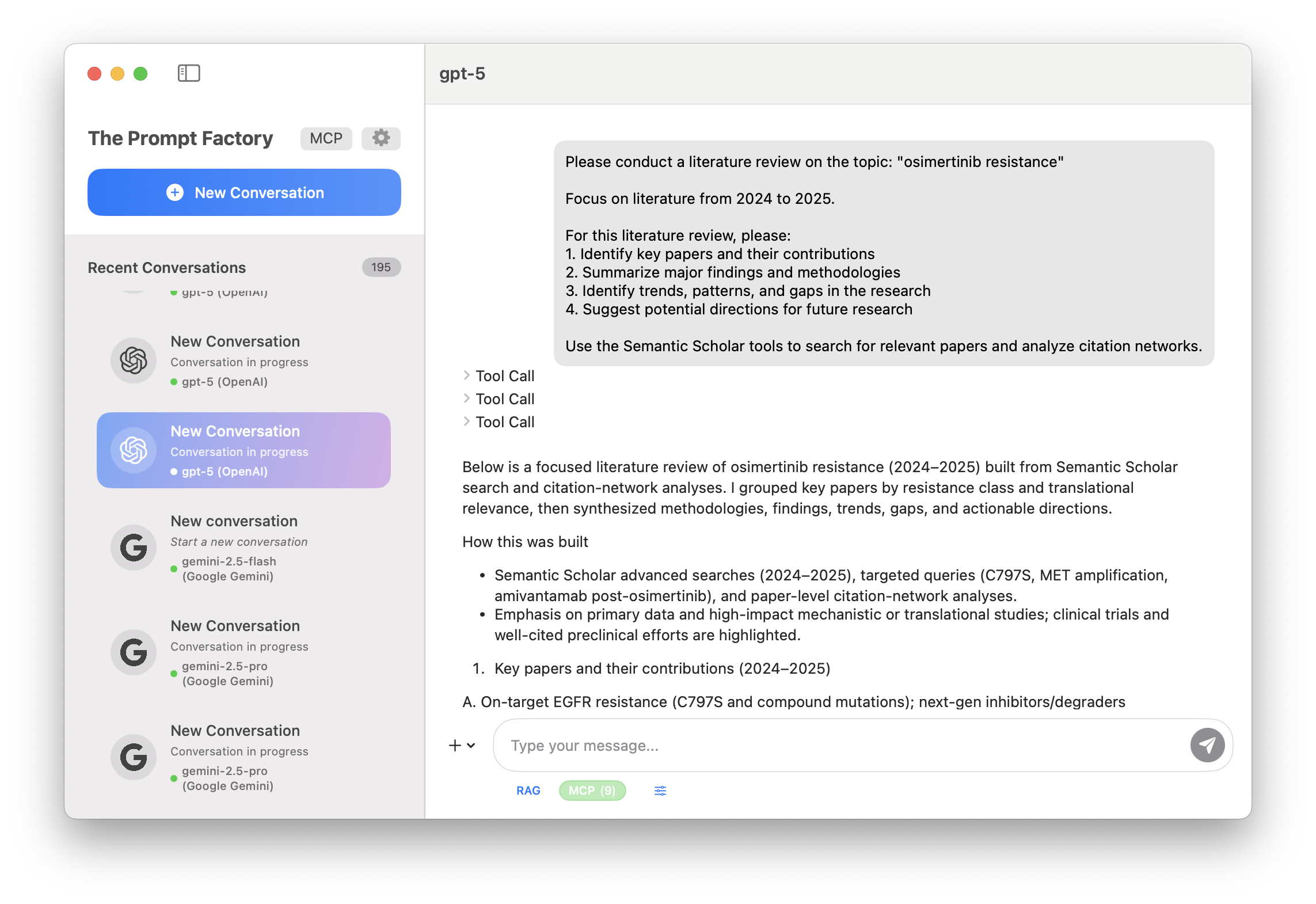 The Prompt Factory showing multiple AI models and conversations